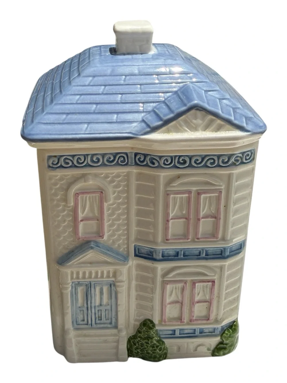 Vintage 1988 Hearth & Home Ceramic House Canister Set Blue Pink 7 Piece Kitchen